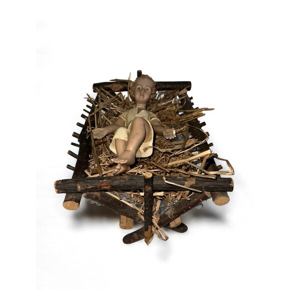 Antique Infant Jesus 1900s Real Wood Manger Nativity Baby Religious Decor - Picture 3 of 16